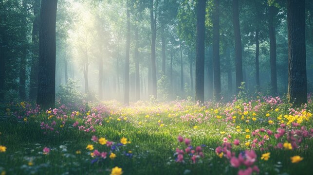 Soft mist covering the forest floor in spring, with bright flowers blooming under towering trees and a warm glow in the air
