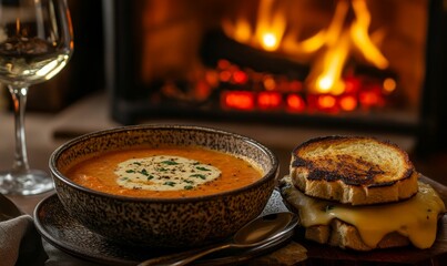 Soup, grilled cheese, and a glass of wine.