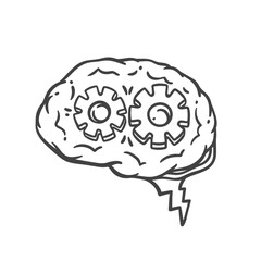 Human brain with gears inside line icon. Outline hand drawn sketch of technical idea in mind. Solution development, innovation mascot, brain with cog wheels of mechanism icon vector illustration