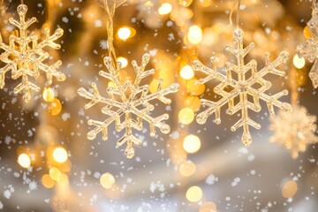 Closeup of Sparkling Glass Snowflakes with Festive Bokeh Lights and Falling Snow. Ideal for seasonal greetings, decorations, and celebration themes.