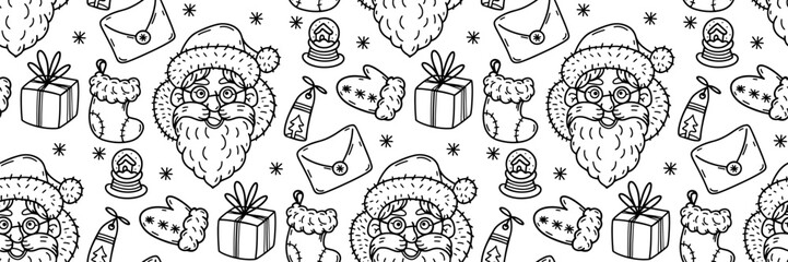 Cute Santa outline pattern. Hand drawn doodle Christmas background. Gift sock, an envelope, mittens and winter glass ball. Festive winter Outline vector. For wallpaper or fabric, packaging, brand.