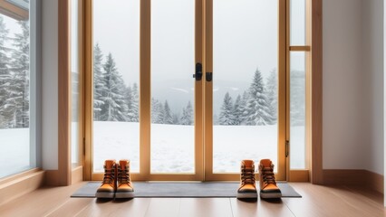 Fototapeta premium Winter shoes near the glass door of the house
