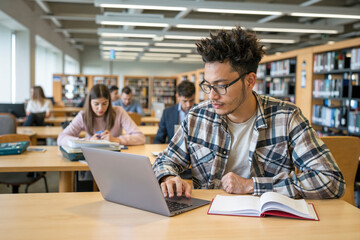Focused university student studying with laptop and book in library