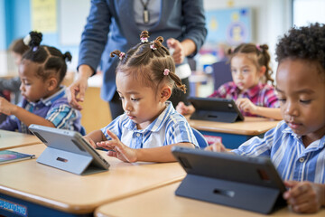 Diverse group of preschool students using digital tablets in classroom with teacher assisting