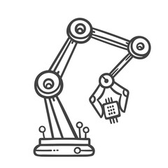 Automated arm of robot with micro chip line icon. Outline hand drawn smart machine assembly by robot. AI engineering, tech automation of production mascot, sketch of machinery icon vector illustration