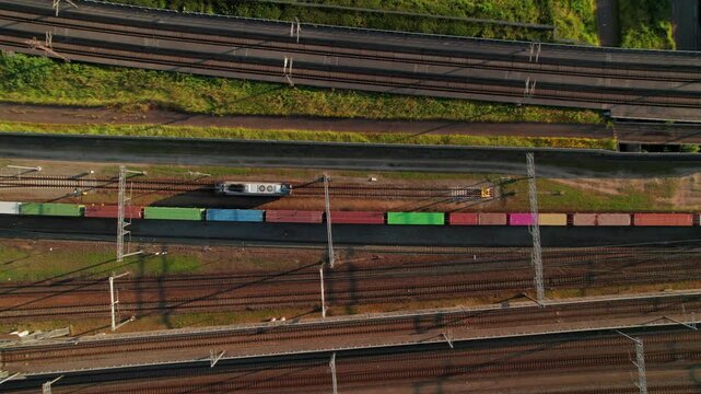 Rail Container Tracking Over Railway Station In Barendrecht, Netherlands. Aerial Drone Shot