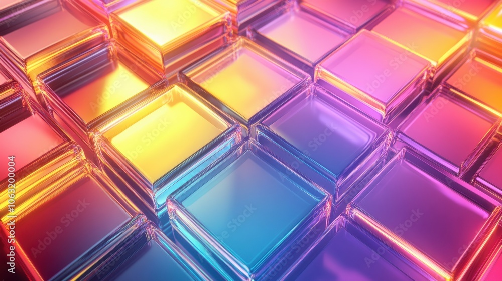 Poster abstract 3d background wallpaper with glass squares with colorful light emitter iridescent neon holo