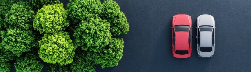 Aerial view of two parked cars beside lush green trees, set against a paved surface, highlighting nature and urban life.