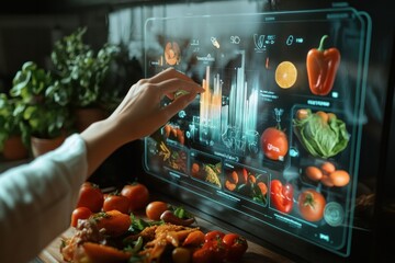 AI tools for nutrition and wellness with a holographic display showing personalized dietary advice and nutrient tracking