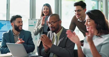 Winner, applause and laptop with business people in meeting for diplomacy, candidate success and support. Politics workshop, campaign manager and celebration with group for research team or news