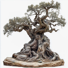 Fototapeta premium An imposing, ancient tree with gnarled roots and twisted branches, beautifully silhouetted against a vibrant sunset