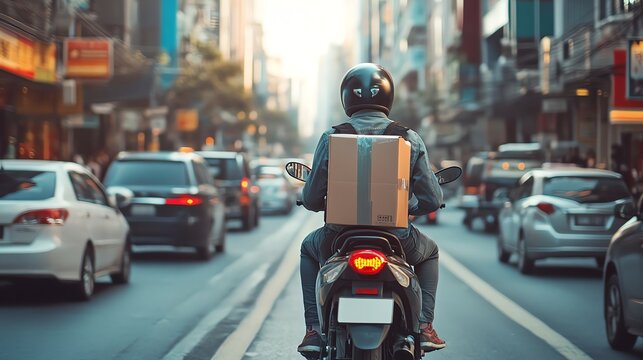 A food delivery driver on a motorcycle in city traffic.