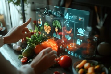 AI tools for nutrition and wellness with a holographic display showing personalized dietary advice and nutrient tracking