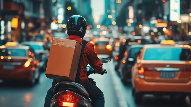 A delivery driver on a motorcycle in city traffic.