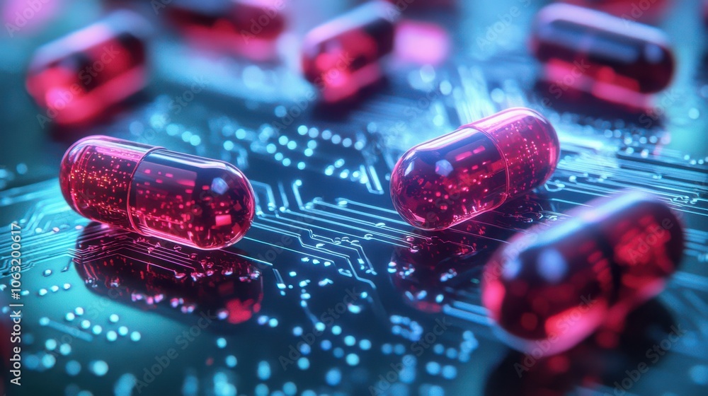 Aufkleber digital visualization of capsules on a circuit board, symbolizing computational drug discovery.