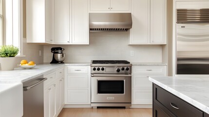 Fototapeta premium Stunning contemporary kitchen design featuring stainless steel appliances white cabinets and a beautiful marble countertop for a modern minimalist and functional cooking space