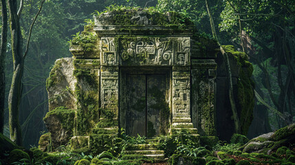 Ancient Mayan temple doorway covered in moss and vegetation, standing mysteriously in misty jungle. Stone carvings and hieroglyphs adorn the entrance, creating an atmosphere of lost civilization