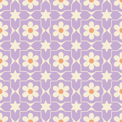 Purple seamless pattern with white daisies Modern Art design for paper, cover, fabric, interior decor, textile.