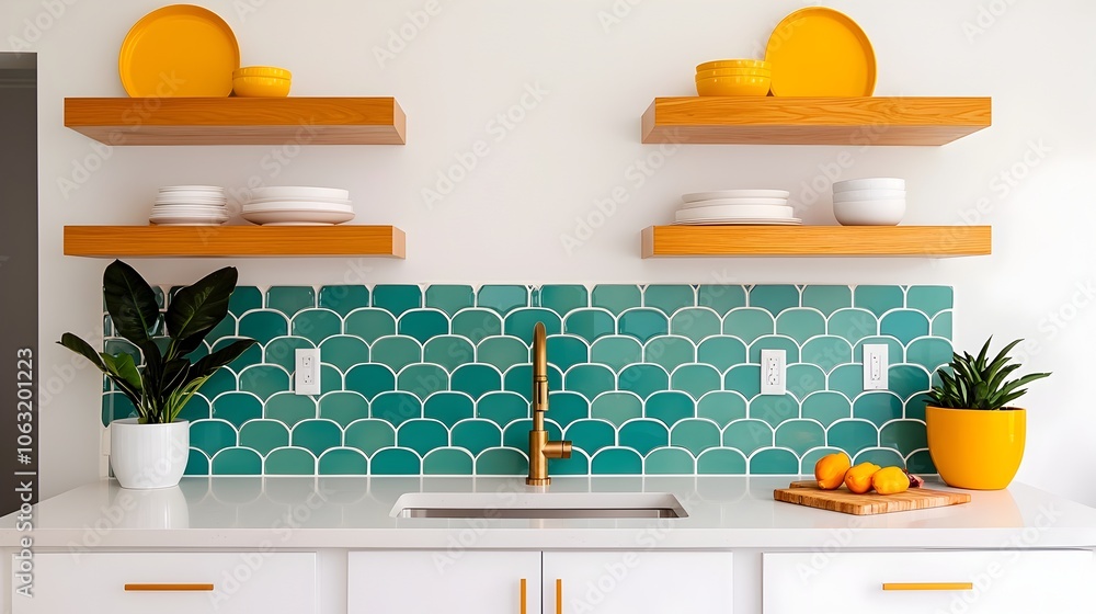 Poster elegant and cozy kitchen featuring open shelving a vibrant backsplash and vintage inspired decor ele