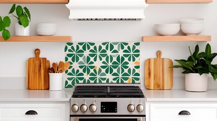 A beautifully designed kitchen featuring open shelving a vibrant backsplash and vintage inspired decor elements that create a warm and inviting atmosphere