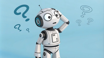 Naklejka premium 3D illustration of a cute robot scratching its head with question marks around, symbolizing confusion, curiosity, or problem-solving. 