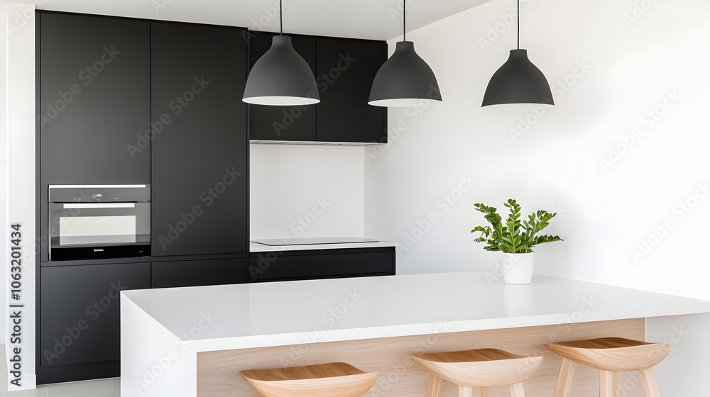 Poster a sophisticated and modern kitchen with a minimalist black and white color scheme a breakfast bar an