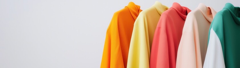 A colorful display of various hooded garments hanging in a row against a neutral background, highlighting modern fashion trends.