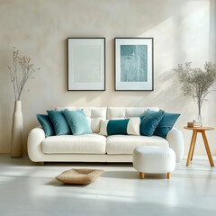 Fototapeta premium White sofa with teal pillows stucco wall Minimalist interior design living room