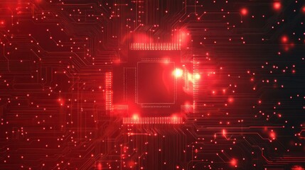 Obraz premium Circuit connected lines on technology red background. Circuit board. Ai Tech bg. Semiconductor or CPU processor in the center. Computing electronics concept. Abstract digital vector illustration.