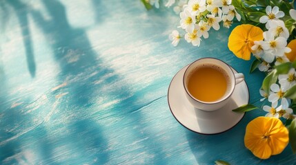 A tranquil cup of tea placed on a vibrant turquoise surface. Surrounding flowers add a touch of brightness. This image captures relaxation and serenity. Ideal for wellness themes. AI