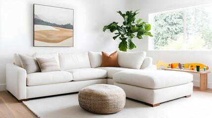Cozy and comfortable family friendly living room with a large sectional sofa neutral color palette and a designated play area for leisure and relaxation