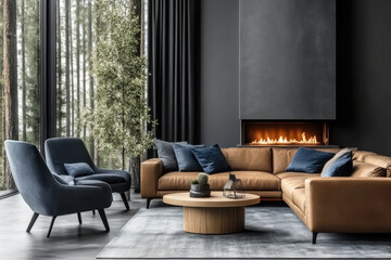 Beige leather sofa and blue fabric lounge chair in room with fireplace interior design of modern living room