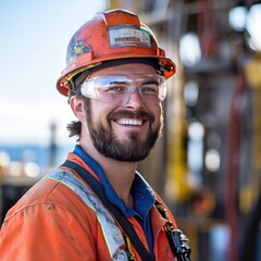 Smiling engineer at an oil rig, wearing protective gear