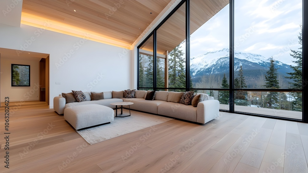 Poster spacious and inviting open plan living room with comfortable seating decorative pillows and floor to