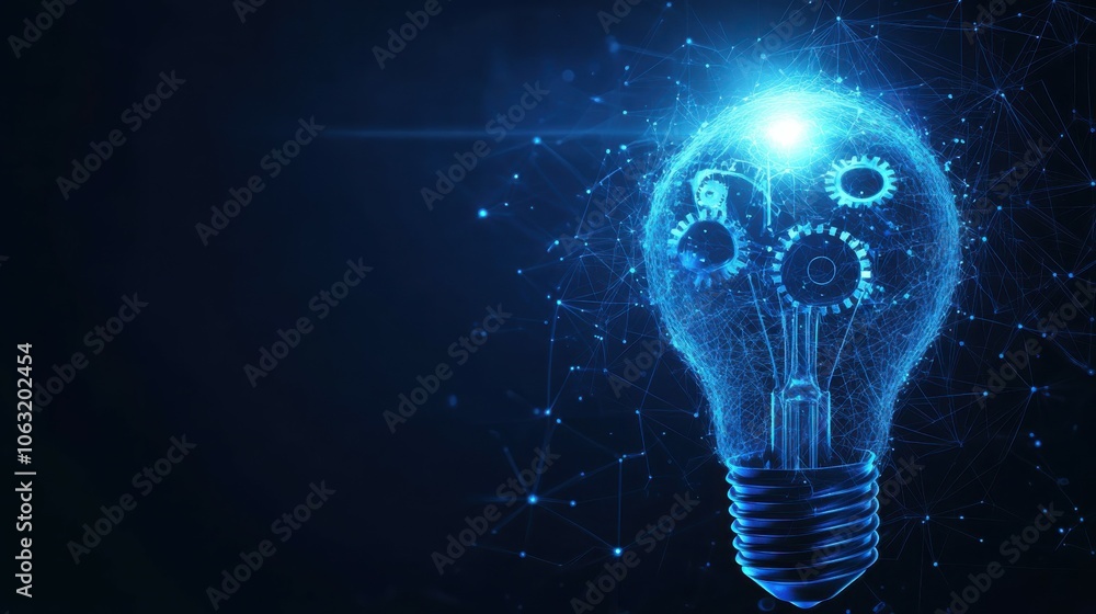 Poster abstract blue light bulb and cog wheels. creative thinking or business innovation concept. digital g