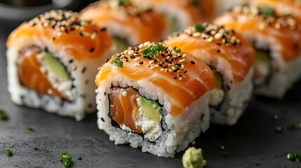 Close-up of delicious-looking sushi rolls, Tasty food close up shot