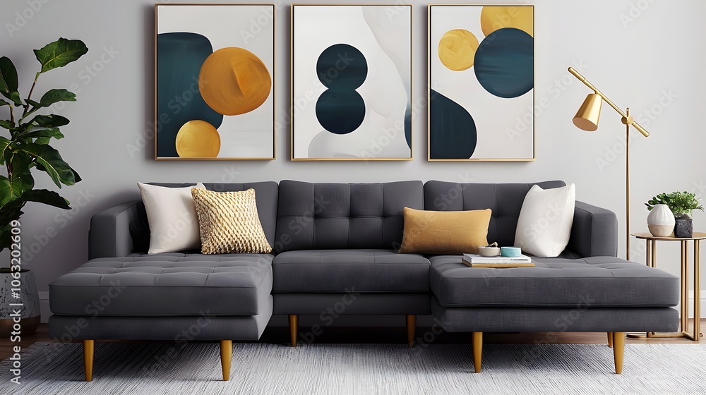 Poster elegant and contemporary living room design featuring a plush gray sectional sofa gold toned decorat