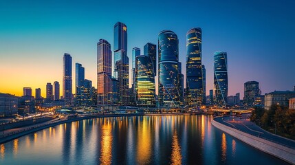 Naklejka premium A city skyline at dusk with vibrant pink and orange sky.