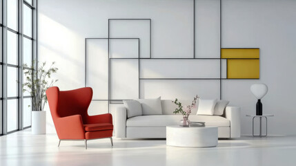 living room Red wingback chair and white sofa in bright room