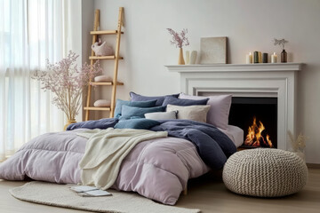 Bed with purple bedding and wooden ladder shelf fireplace Scandinavian interior design of bedroom.