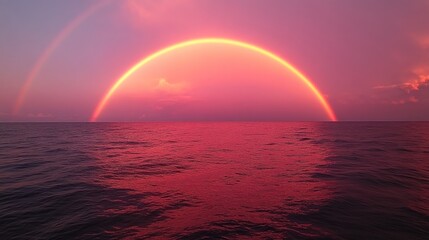 Sunset rainbow glowing over the ocean, with warm hues of pink and orange reflecting on the water