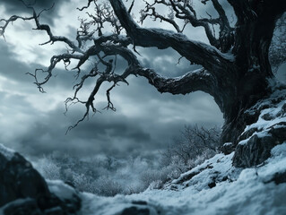 A twisted, leafless tree stands prominently on a snow-covered slope. Dark clouds loom overhead, creating a mysterious atmosphere in this remote winter landscape.