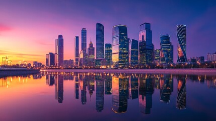 Fototapeta premium Aerial view of a city skyline at dusk with vibrant pink and orange sky.
