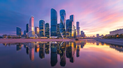 Naklejka premium A city skyline at dusk with vibrant pink and orange sky.