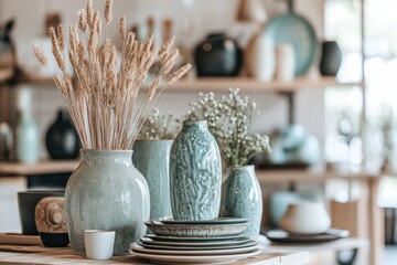 Ceramic home decor items like vases and decorative plates arranged in a living space
