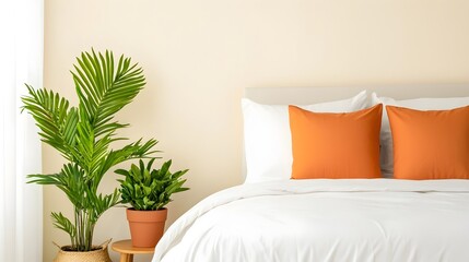 Serene and Cozy Pastel Bedroom with Soft Lighting and Potted Plants Adorning the Window Sill Creating a Harmonious and Inviting Interior Design