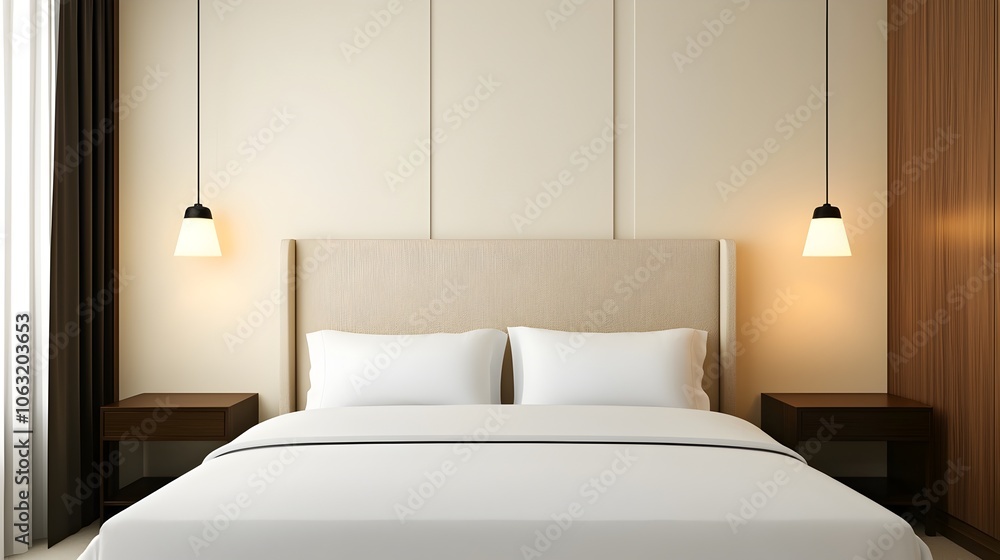 Poster Serene and Sophisticated Bedroom with Neutral Color Palette and Elegant Lighting Fixtures Exuding a Calming and Inviting Ambiance