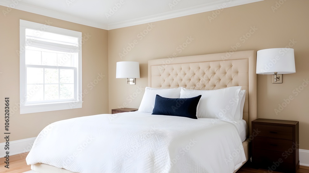 Poster A classic and refined bedroom design featuring neutral color tones elegant lighting fixtures and a plush and inviting headboard creating a serene and tranquil ambiance for rest and relaxation