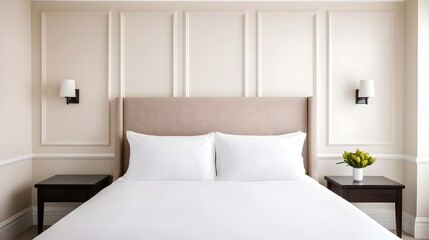 Elegant neutral toned bedroom interior with a plush headboard refined lighting fixtures and a cozy serene atmosphere perfect for relaxation and rest