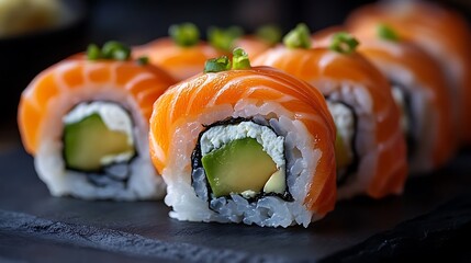 Close-up of delicious-looking sushi rolls, Tasty food close up shot